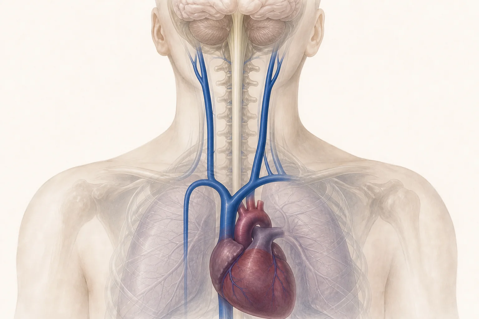 Schematic illustration of cerebrospinal venous drainage through the jugular veins, superior vena cava and azygos vein